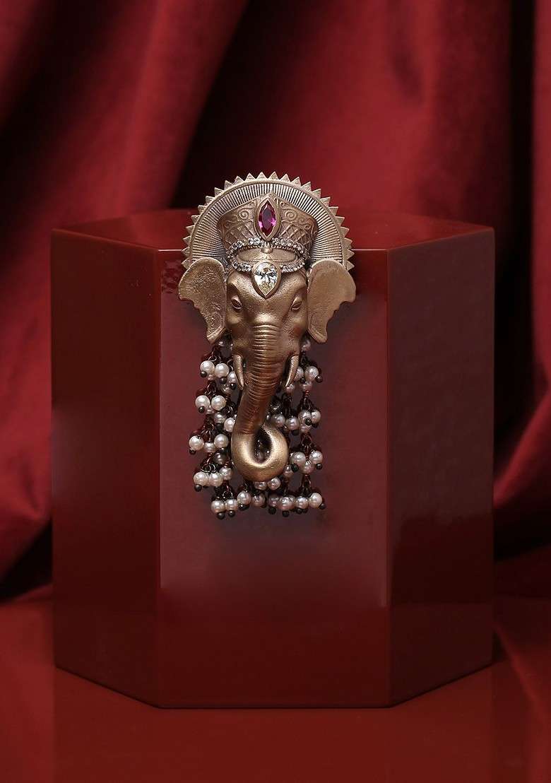 Men Antique Gold Toned Stone Studded Beaded Lord Ganesha Shaped Brooch - Indya