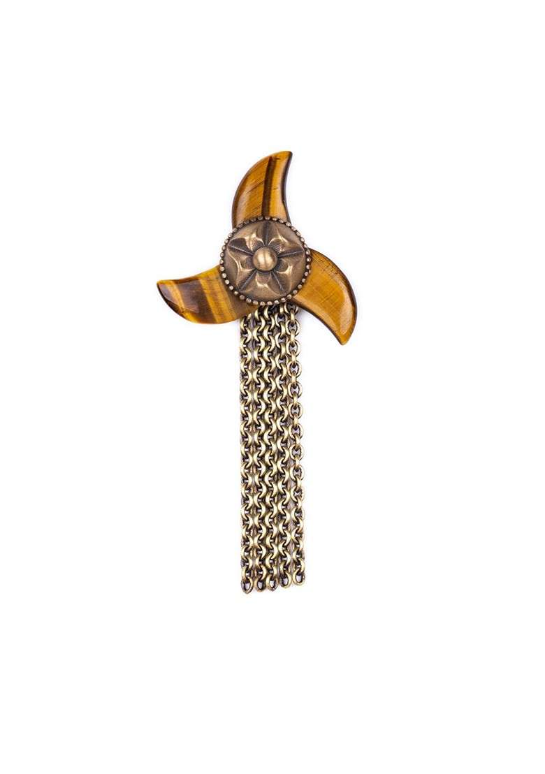 Men Antique Gold Toned Brown Triple Claw Brooch - Indya