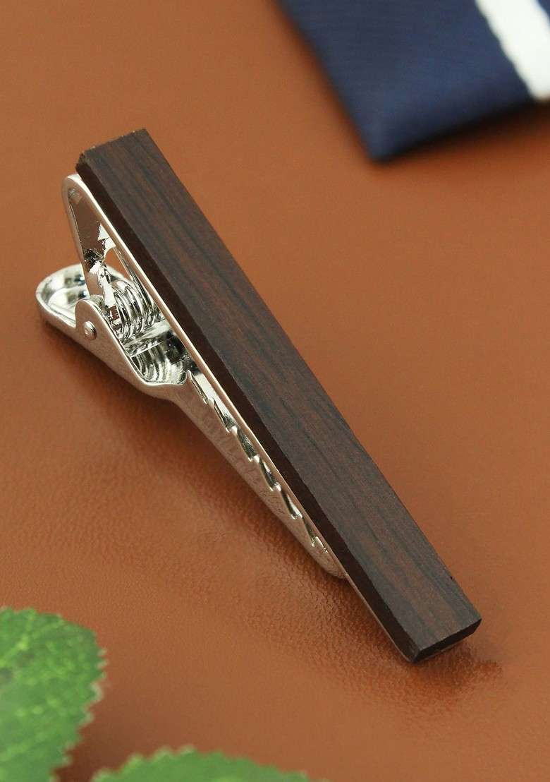 Unisex Silver Toned Black Teak Wood Tie Pin - Indya