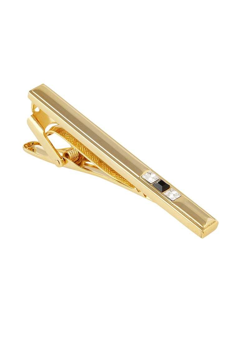 Unisex Gold Toned Black Artificial Stone Studded The Bling Bar Tie Pin - Indya
