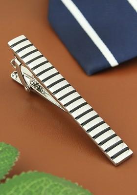 Unisex Silver Toned Black Party Striped Mr.Dapper Tie Pin