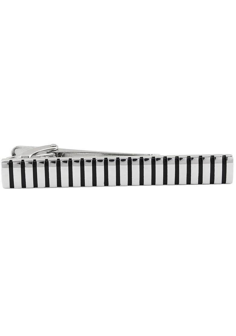 Unisex Silver Toned Black Party Striped Mr.Dapper Tie Pin - Indya