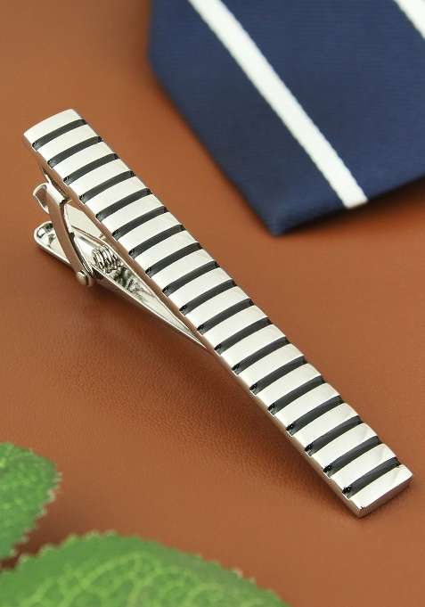 Unisex Silver Toned Black Party Striped Mr.Dapper Tie Pin