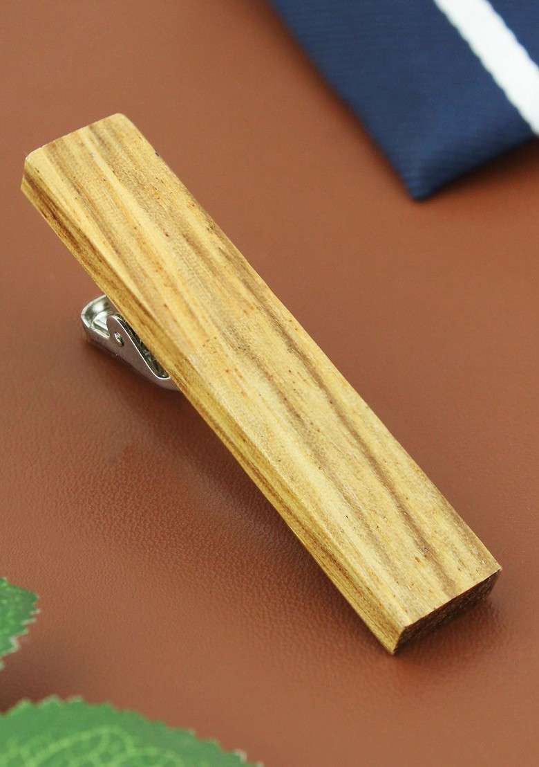 Unisex Silver Toned Brown Teak Wood Tie Pin - Indya