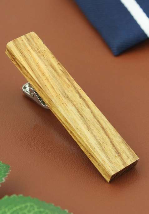 Unisex Silver Toned Brown Teak Wood Tie Pin