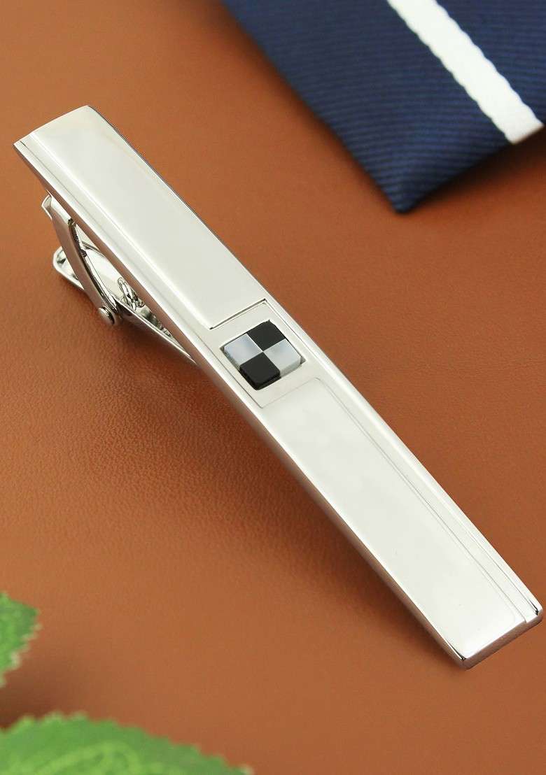 Unisex Silver Toned Black Mop Onyx Studded Checks Tie Pin - Indya