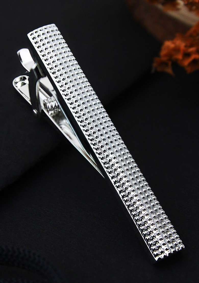 Unisex Silver Toned Squares Engraved Tie Pin - Indya