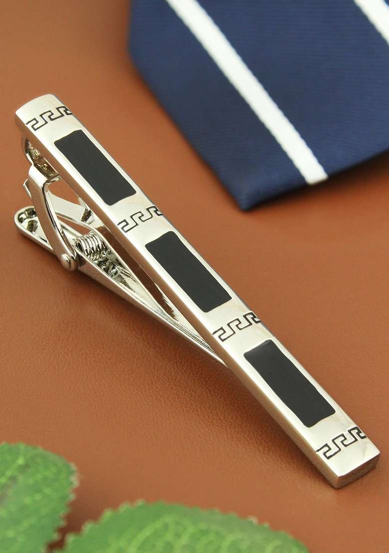 Unisex Silver Toned Black Enamelled Greek Key Tie Pin - Indya