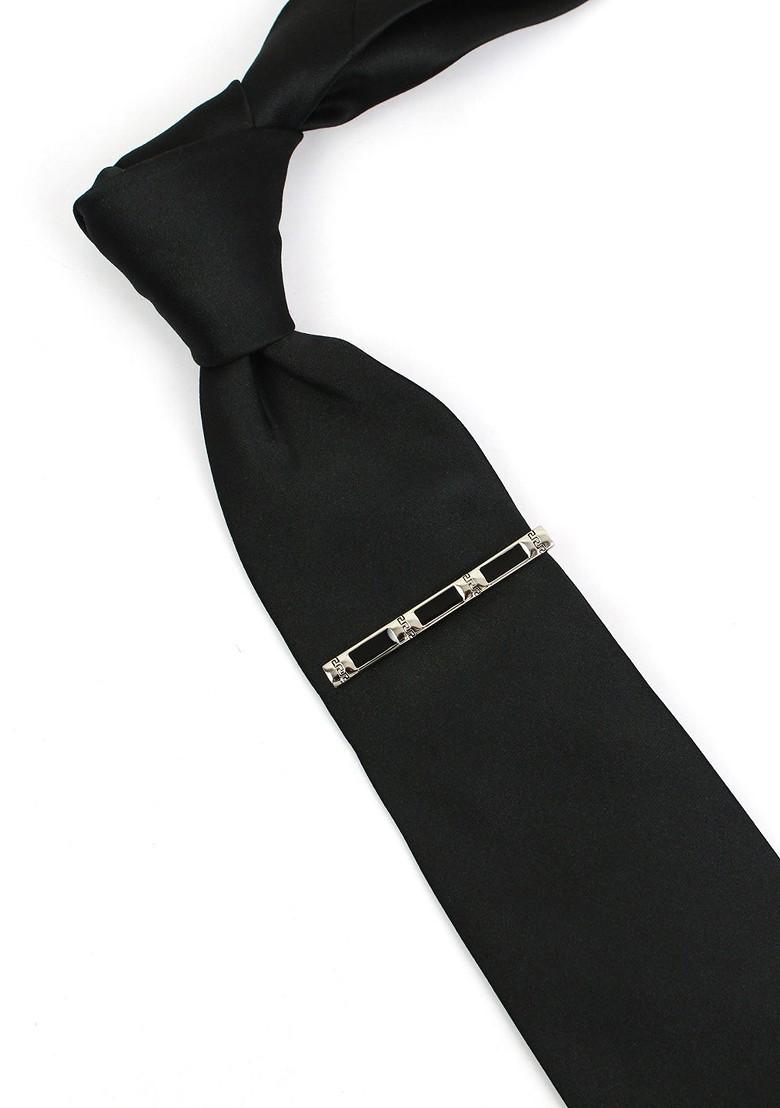 Unisex Silver Toned Black Enamelled Greek Key Tie Pin