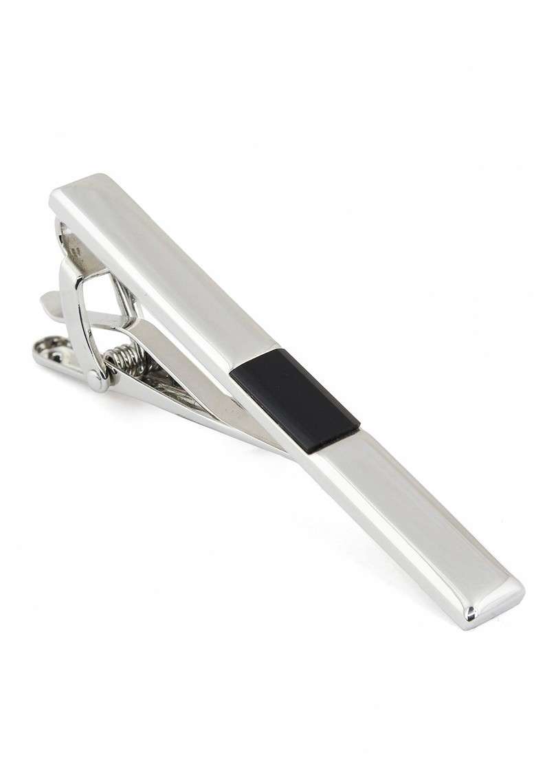 Unisex Silver Toned Black Onyx Studded Debonair Tie Pin - Indya