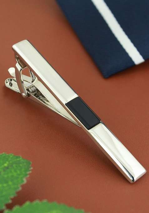Unisex Silver Toned Black Onyx Studded Debonair Tie Pin