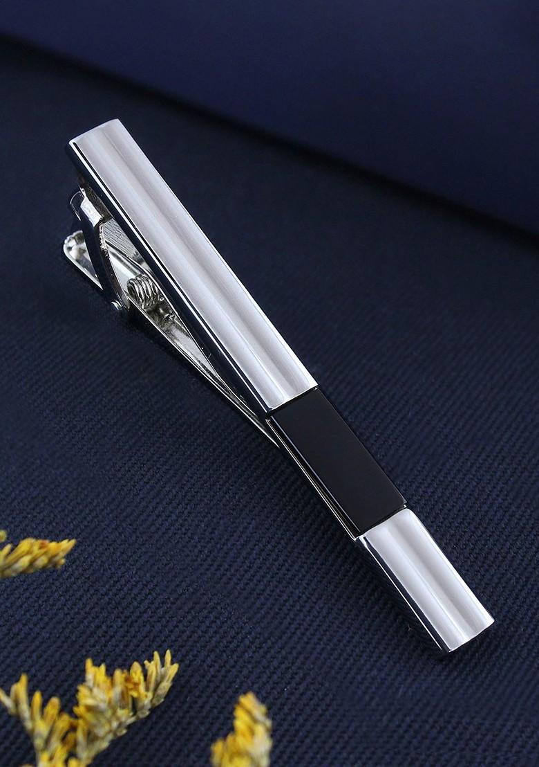 Unisex Silver Toned Black Onyx Studded Tie Pin