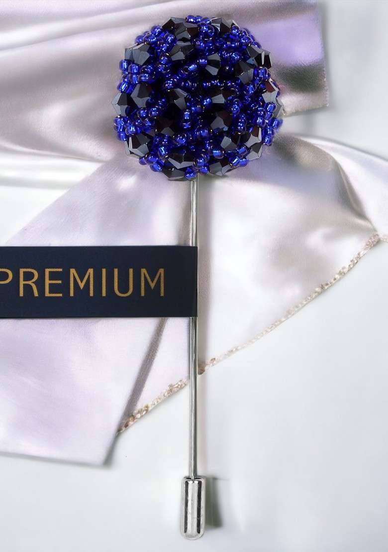 Unisex Blue Crystal Beaded Spiral Flower Lapel Pin - Indya