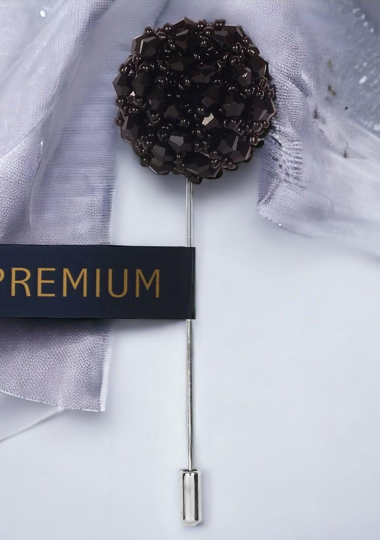 Unisex Black Silver Toned Crystal Flower Lapel Pin