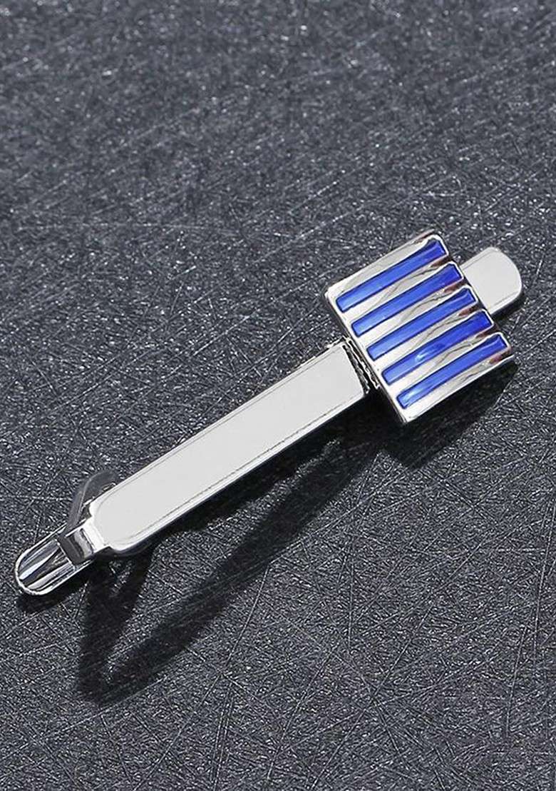 Men Silver Toned Blue Brooch Tie Pin - Indya