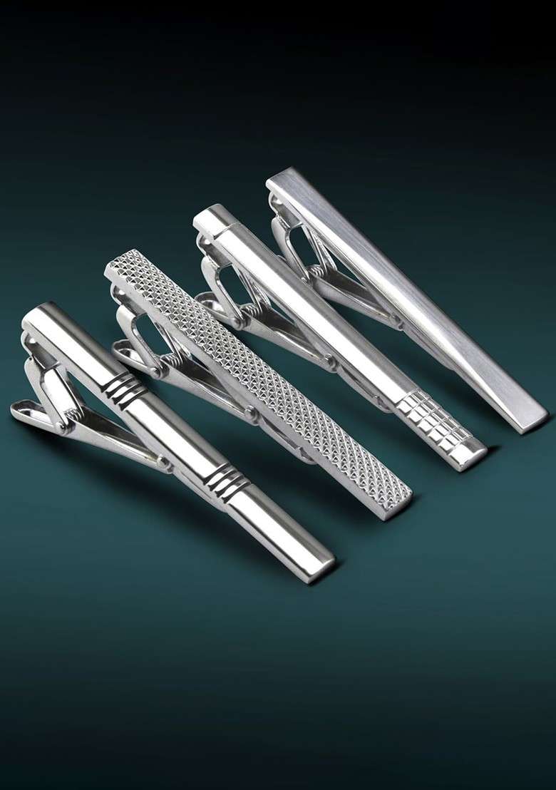 Set Of 4 Silver Plated Tie Pin Brooch - Indya