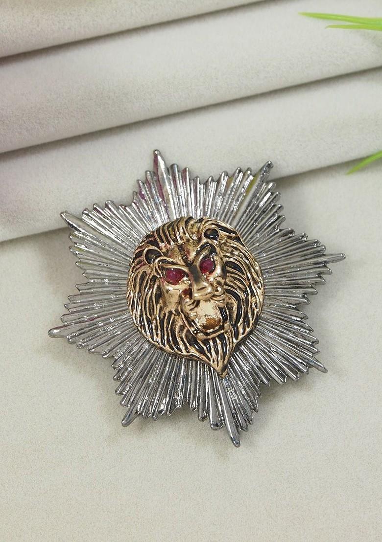 Men Silver Gold Toned Magestic Roar Lion Face Brooch