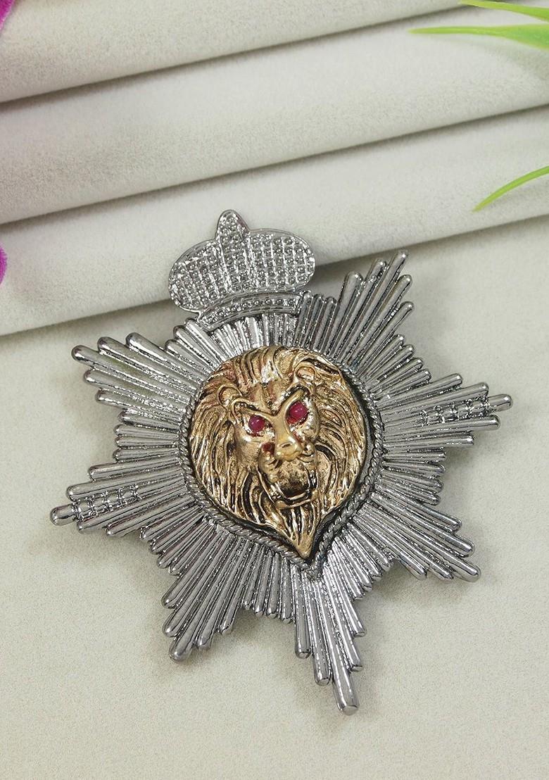 Men Stone Studded Lion Face Statement Brooch