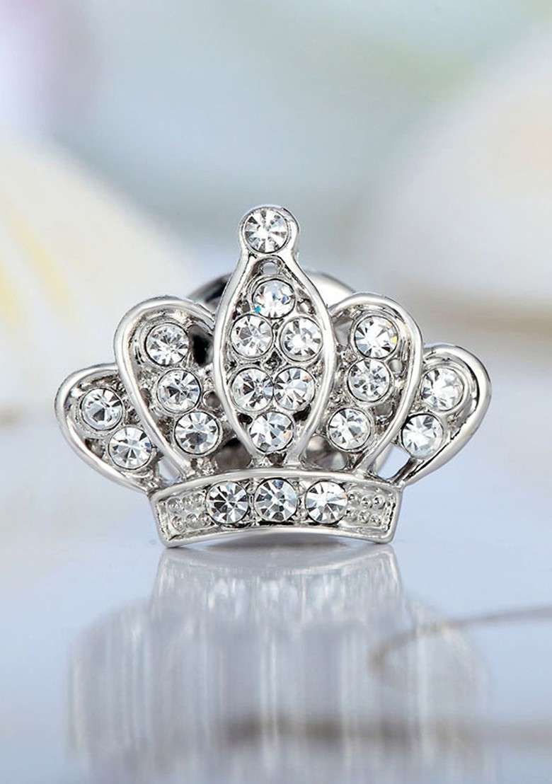 Silver Plated Cubic Zirconia Studded Kings Crown Elegant Brooch Jewellery For Men - Indya