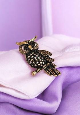 Copper Toned Owl Shaped Stone Studded Lapel Pin Brooch