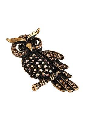 Copper Toned Owl Shaped Stone Studded Lapel Pin Brooch