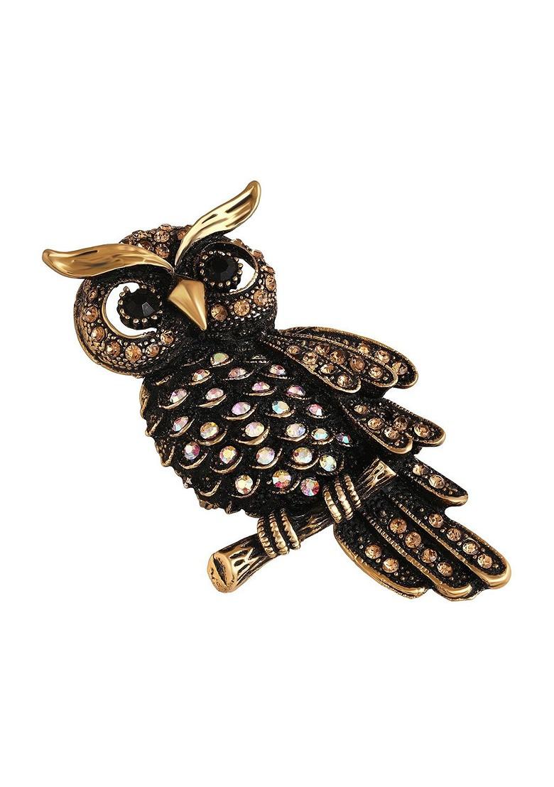 Copper Toned Owl Shaped Stone Studded Lapel Pin Brooch