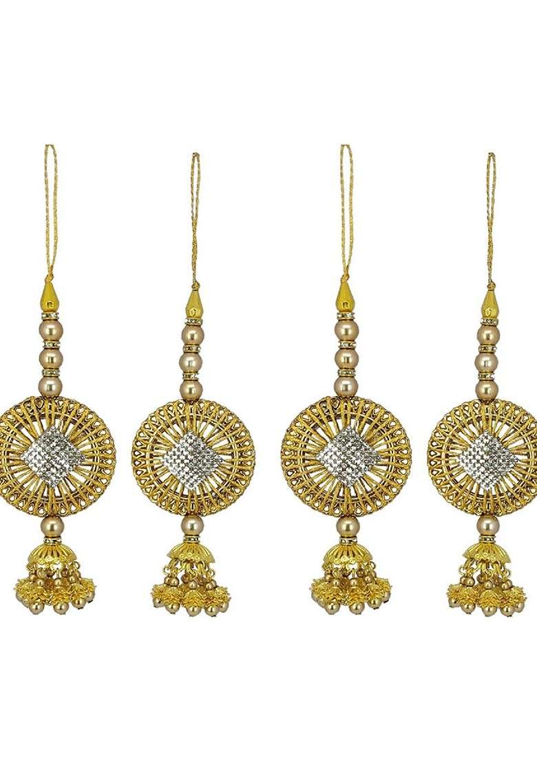 Set Of 4 Stone Studded Beaded Ring Latkan Brooch - Indya
