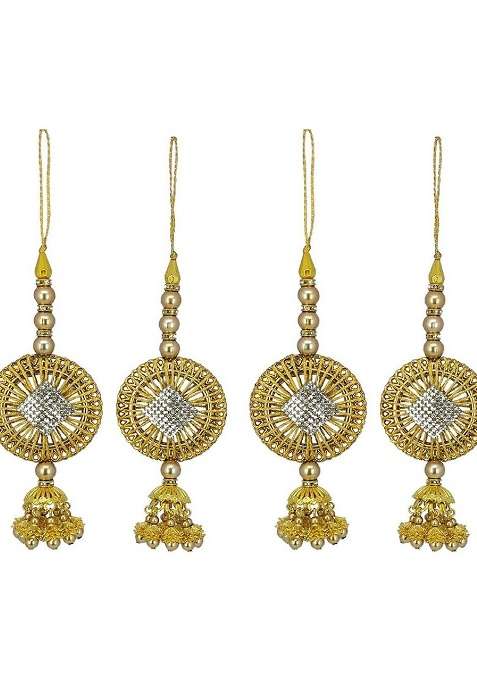 Set Of 4 Stone Studded Beaded Ring Latkan Brooch