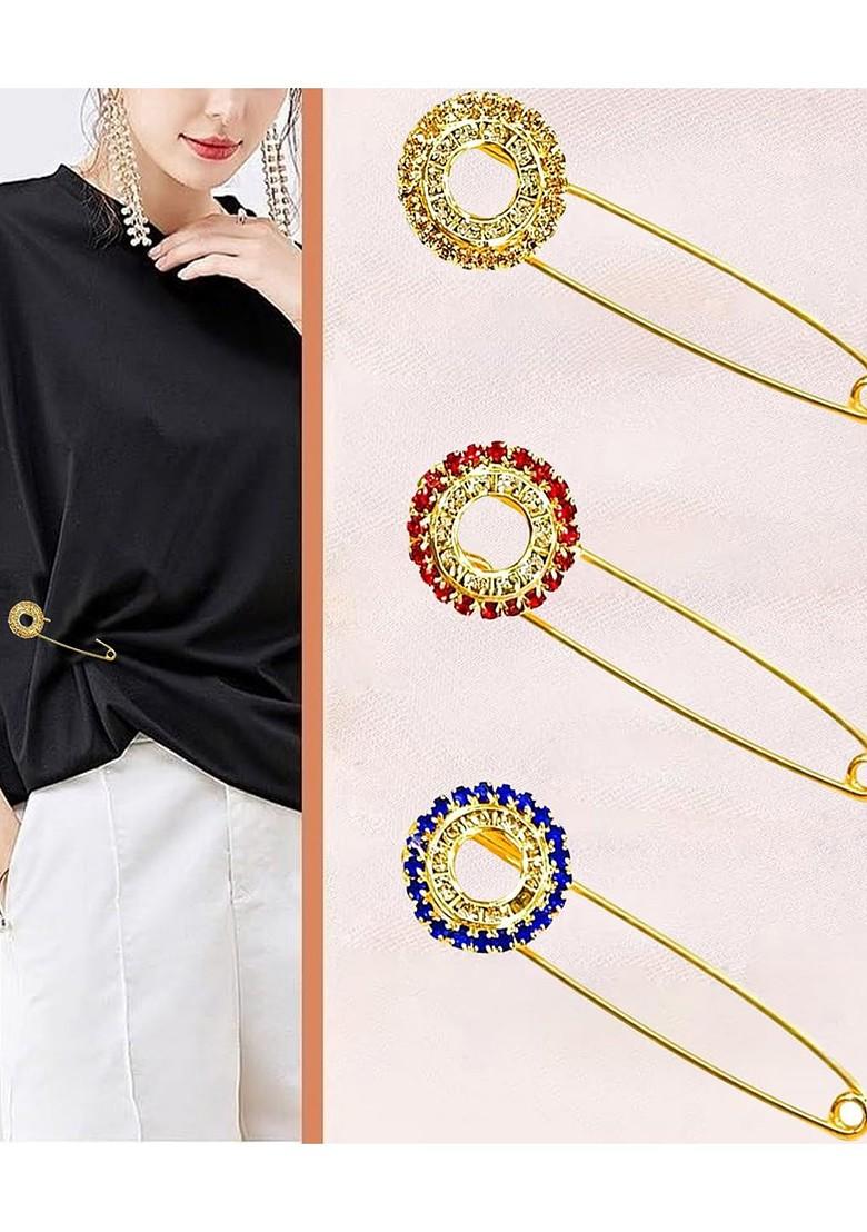 6 Pcs Gold Plated Rhinestone Safety Saree Pleats Pin Brooch