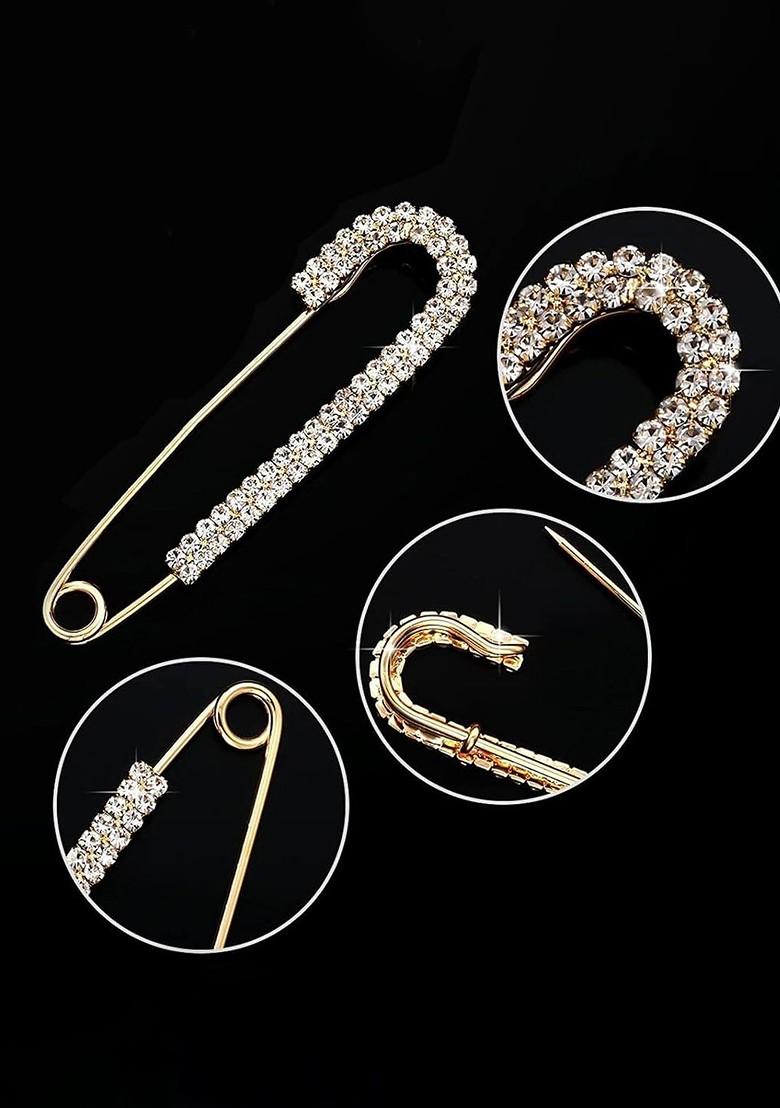 6 Pcs Gold Silver Rosegold Plated Rhinestone Safety Saree Pleats Pin Brooch