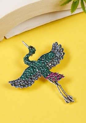 Women Green Pink Stone Studded Statement Brooch - Indya