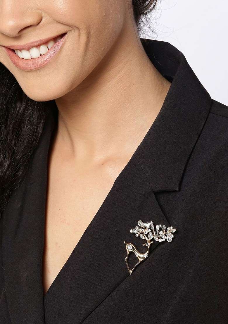 Women Gold Plated White Stone Studded Brooch - Indya
