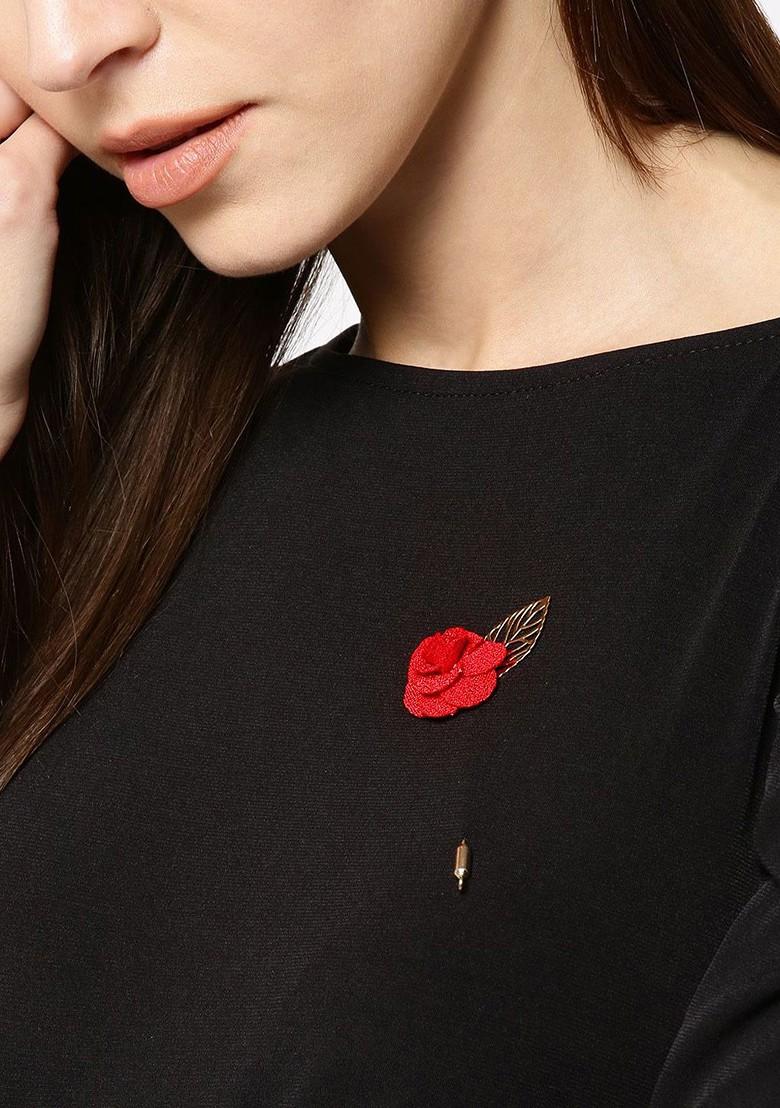 Women Gold Toned Red Floral Lapel Pin