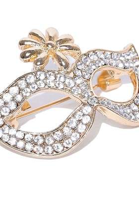 Women Gold Plated Gold Toned White Stone Studded Statement Brooch - Indya