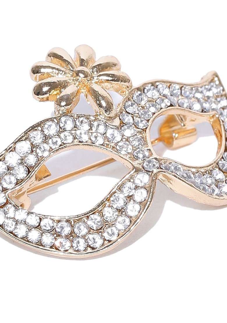 Women Gold Plated Gold Toned White Stone Studded Statement Brooch - Indya