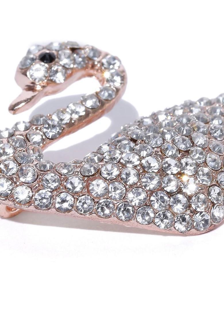 Women Gold Plated Gold Toned White Stone Studded Brooch