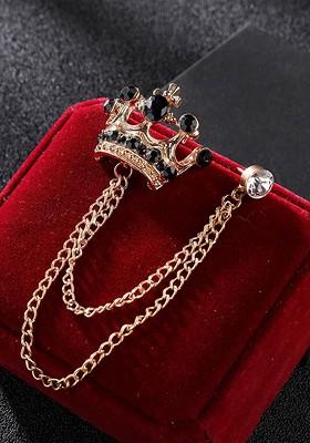 Men Stones Studded Tassel Crown Brooch With Chain