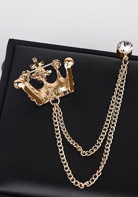 Men Stones Studded Tassel Crown Brooch With Chain
