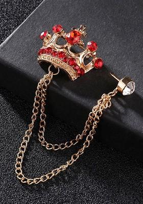 Men Stones Studded Tassel Crown Brooch With Chain