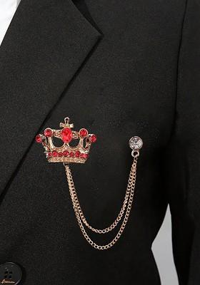 Men Stones Studded Tassel Crown Brooch With Chain