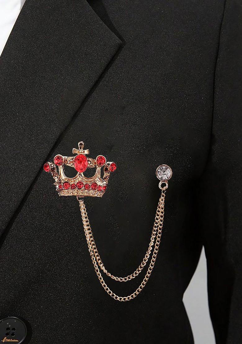 Men Stones Studded Tassel Crown Brooch With Chain