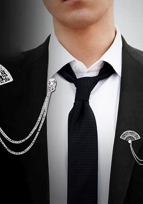 Men Stones Studded Tassel Fan Brooch With Chain
