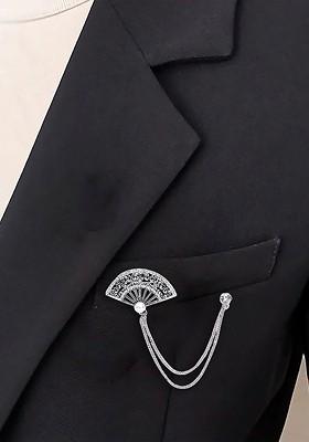 Men Stones Studded Tassel Fan Brooch With Chain