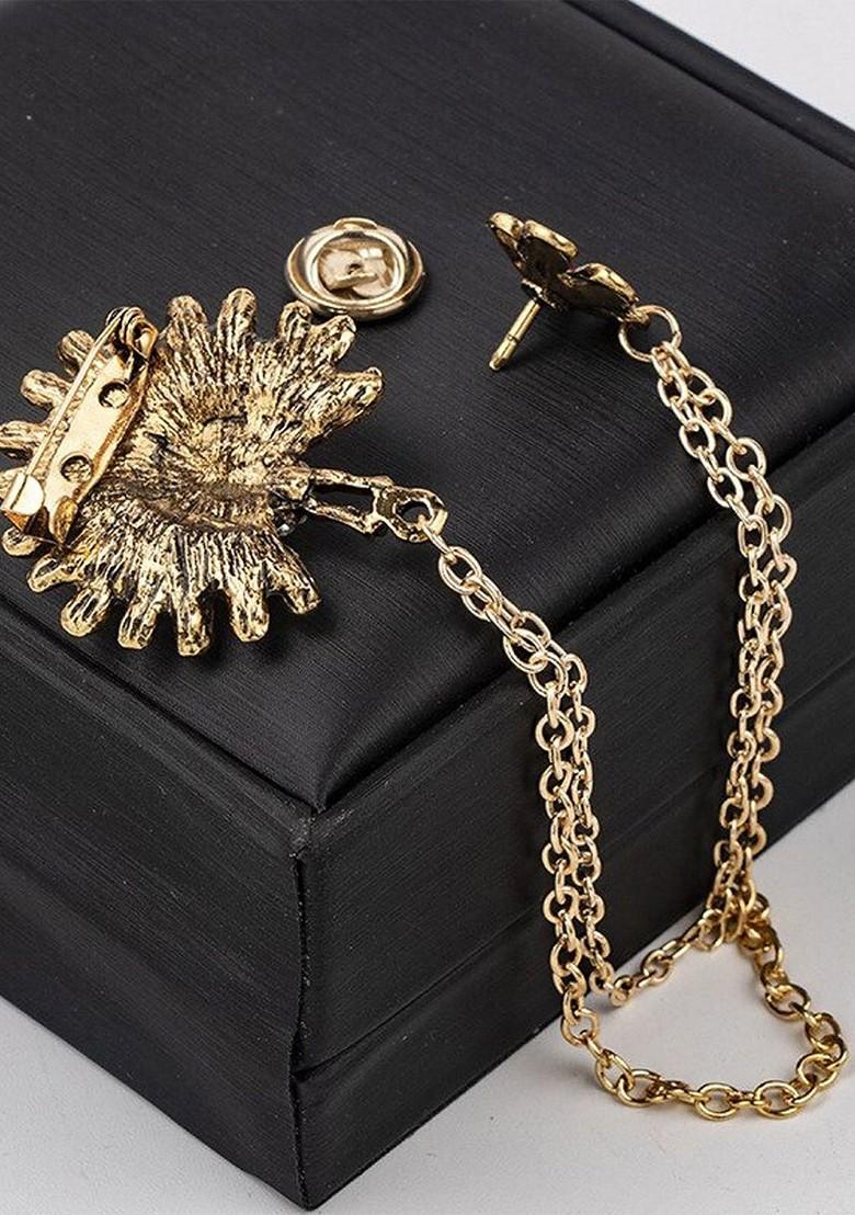 Men Stones Studded Tassel Peacock Shaped Brooch With Chain