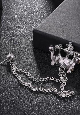 Men Stones Studded Tassel Crown Brooch With Chain