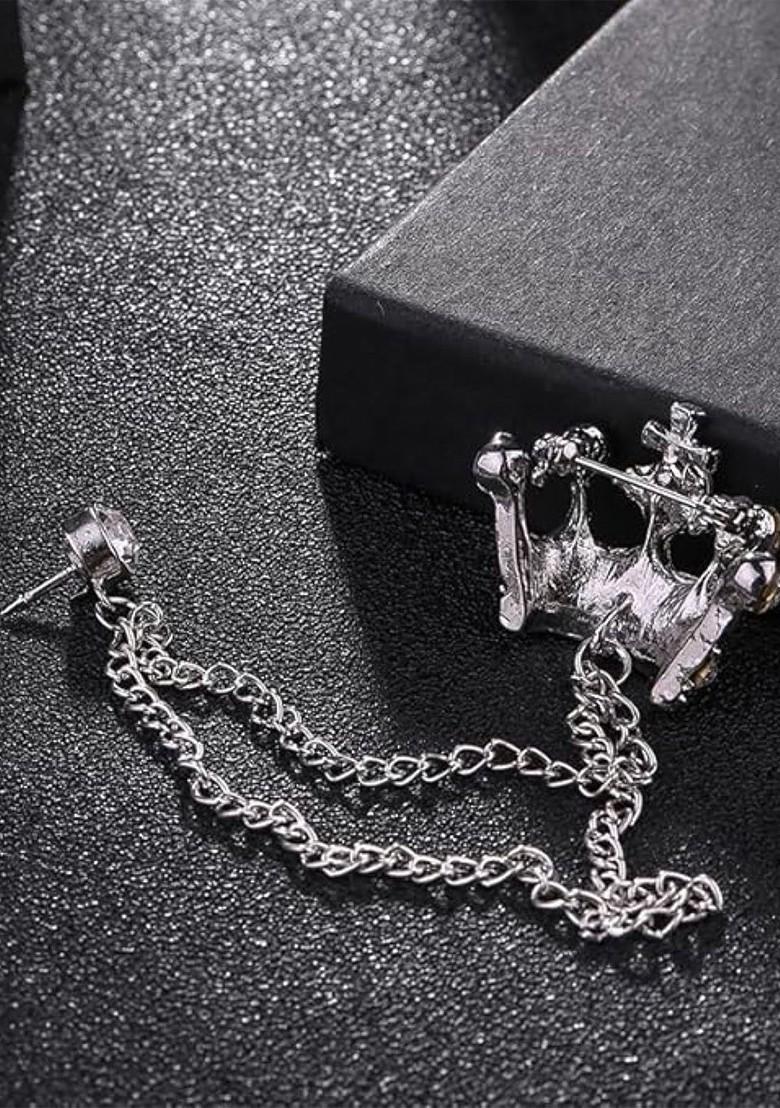 Men Stones Studded Tassel Crown Brooch With Chain