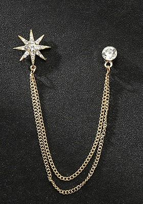 Men Stones Studded Star Tassel Brooch With Chain