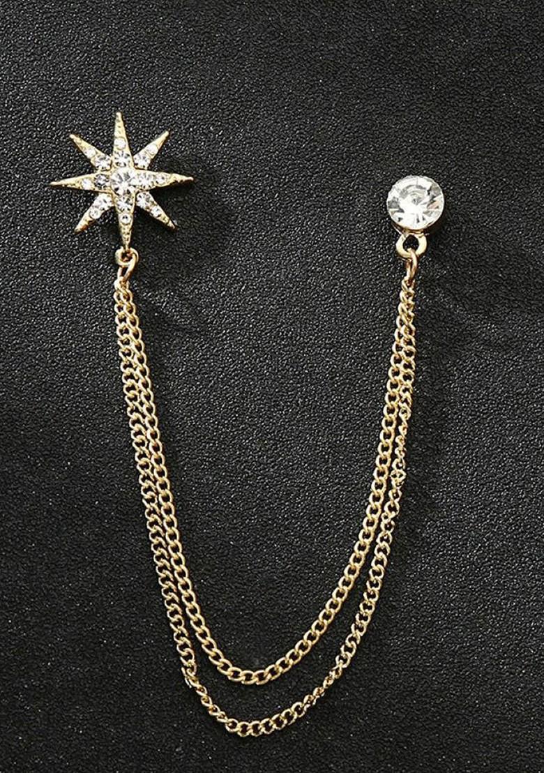 Men Stones Studded Star Tassel Brooch With Chain