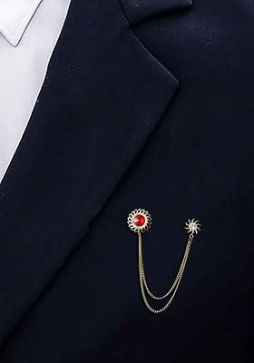 Men Crystal Stone Studded Lapel Pin Chain Tassel Brooch