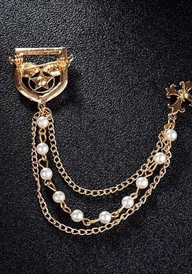 Men Crystal Stone Studded Lapel Pin Chain Tassel Brooch